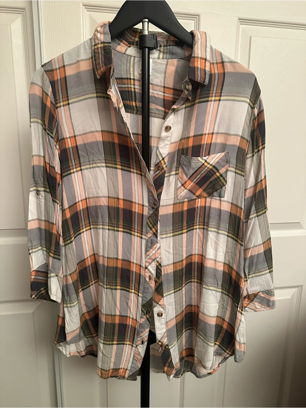 BONGO Plaid Button-Down Shirt in Peach and Gray